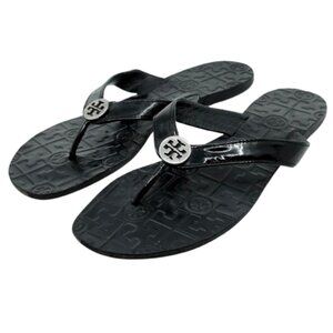 TORY BURCH~Thora~BLACK PATENT LEATHER FLIP FLOP REVA LOGO SANDALS SIZE 10M